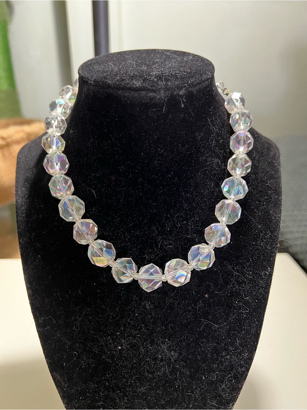 Vintage Aurora Borealis single strand faceted crystal necklace with hook closure